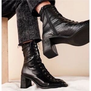 Free People Margaux Croc Embossed Leather Lace-Up Boots Nwot